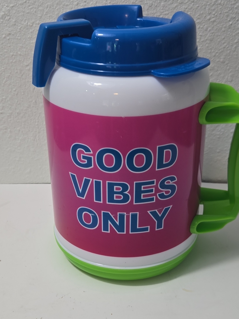 Good Vibes Only Pink and Blue Insulated Travel Mug with Green Handle